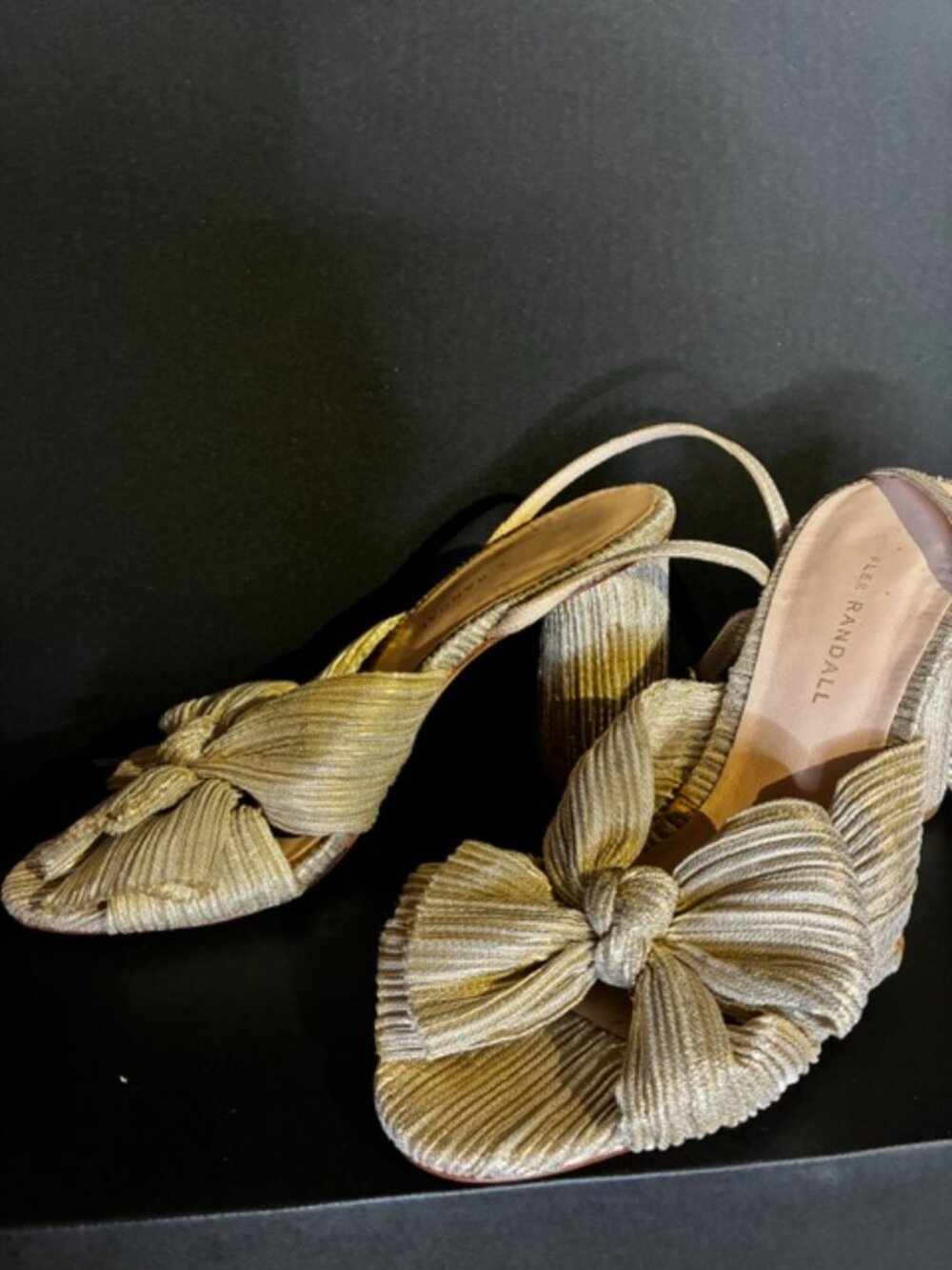 Loeffler Randall iconic Gold Pleated Bow Heel with Ankle Strap Retail: $395